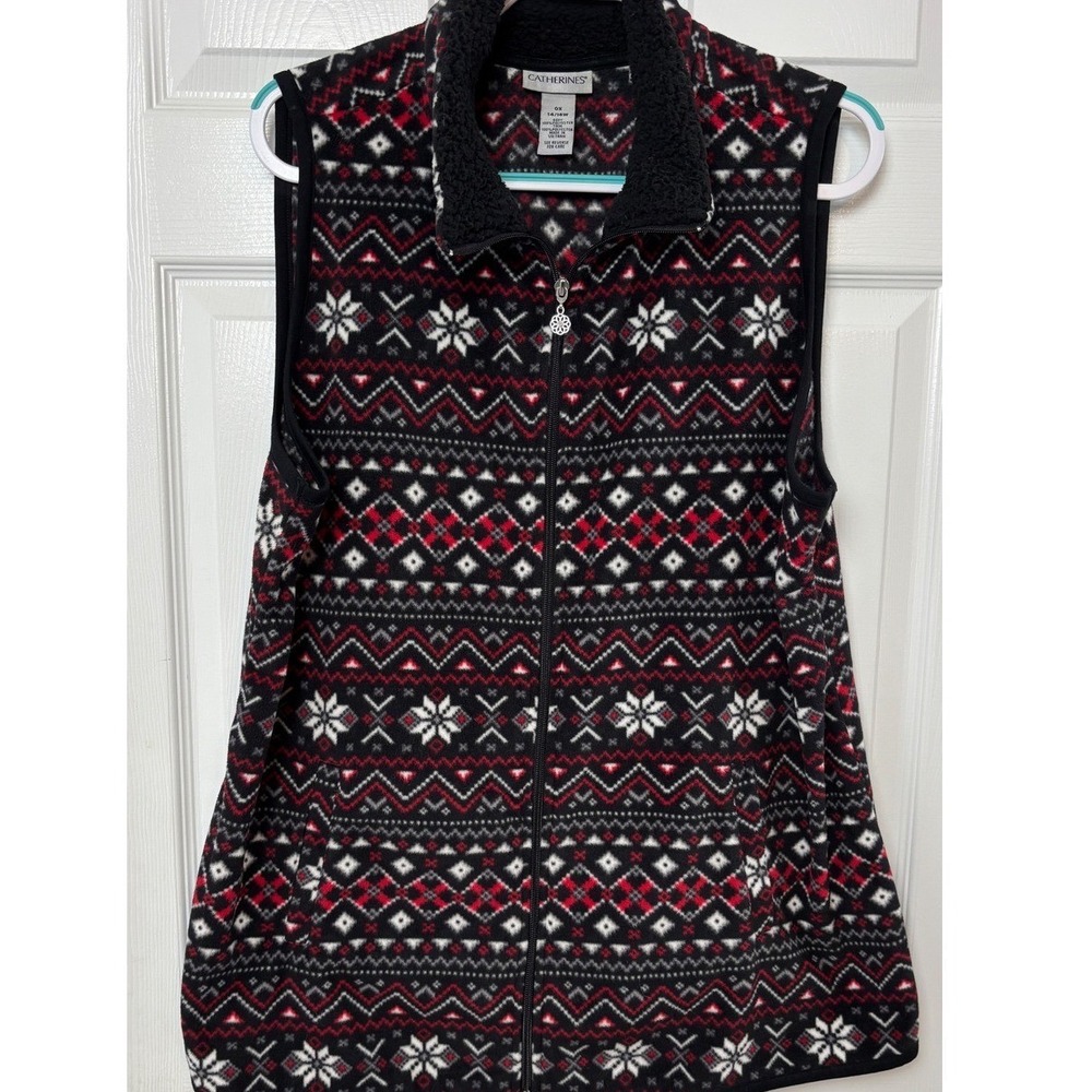 Catherines Womens 0X 14/16W Fleece Vest Fair Isle Snowflake Sherpa Collar Red